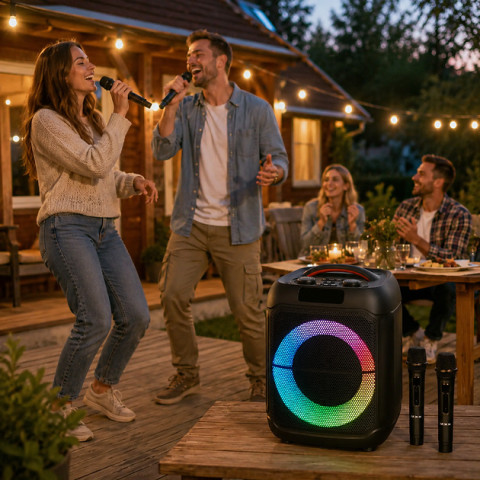 Портативна колонка для караоке ZXX-1745 60 Вт, 8″, Bluetooth, LED-підсвітка, з мікрофонами