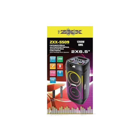 Портативна колонка ZXX-5509 1200 Вт, 2×6,5″, TWS/FM/USB/TF/Bluetooth/LED/REC/MIC, на акумуляторі, з мікрофоном і пультом ДК, 265×265×620 мм