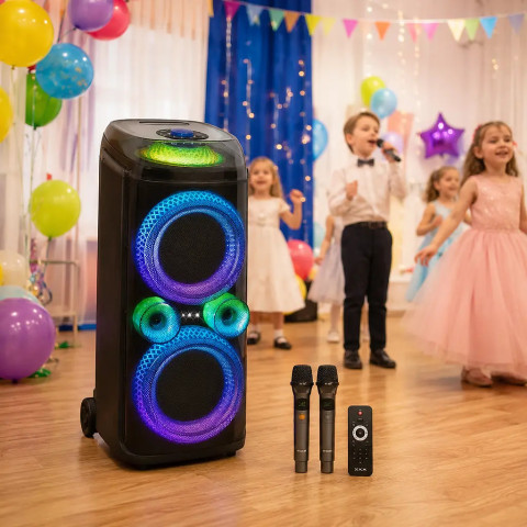 Портативна колонка для караоке ZXX-9900 80 Вт, 2×10″, Bluetooth, LED-підсвітка, з 2 мікрофонами