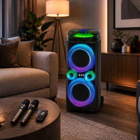 Портативна колонка для караоке ZXX-9900 80 Вт, 2×10″, Bluetooth, LED-підсвітка, з 2 мікрофонами