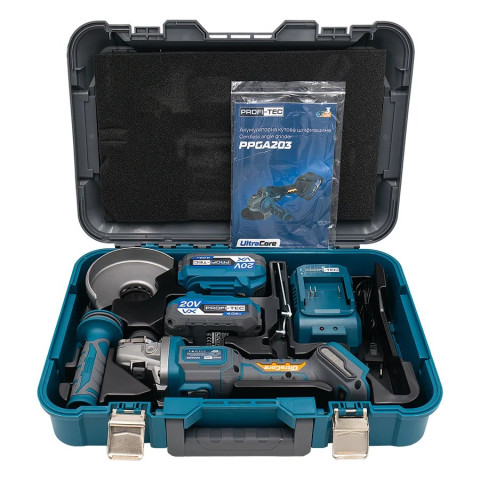 Акумуляторна кутова шліфувальна машина PROFI-TEC PPGA203 UltraCore (2×PT2040VX (4.0 Аг), зарядний пристрій)