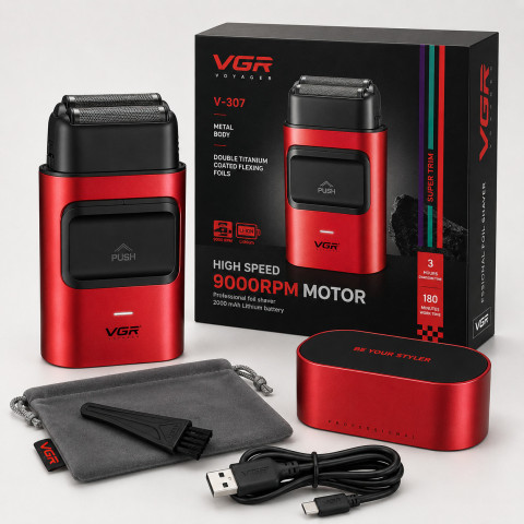 Електробритва-шейвер VGR V-307 RED для бороди, 2 титанові сітки, 180 хв, USB-C