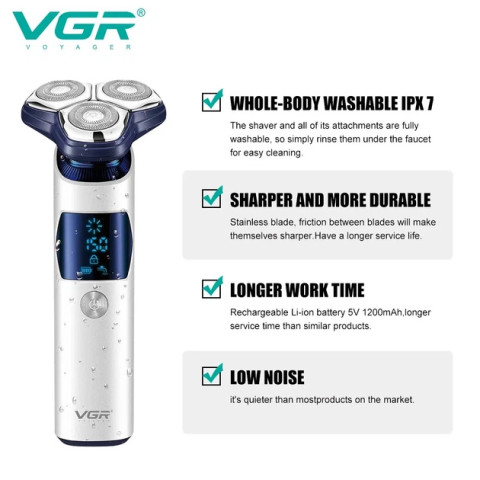 Електробритва VGR V-328 акумуляторна роторна 3 головки USB IPX7