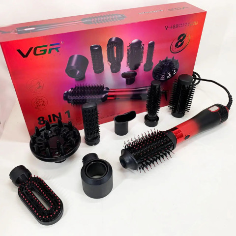 Фен-щітка VGR V-488 Hot Air Brush 8в1 1100 Вт Червона