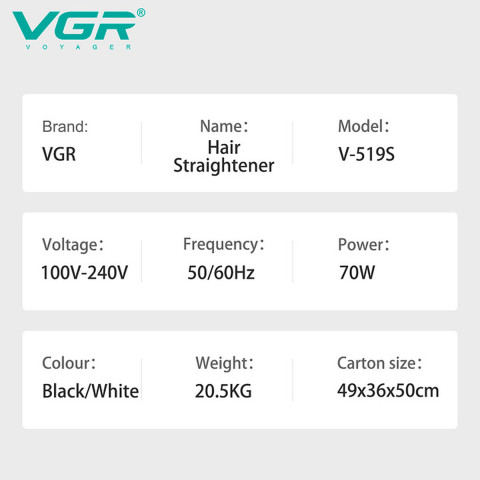 Випрямляч для волосся VGR V-519S 38 мм 70 Вт білий