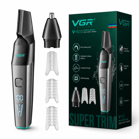 Тример VGR V-603 для носа та вух 2в1, акумуляторний, 2 насадки, Type-C, LED дисплей, IPX5