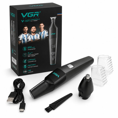 Тример VGR V-603 для носа та вух 2в1, акумуляторний, 2 насадки, Type-C, LED дисплей, IPX5