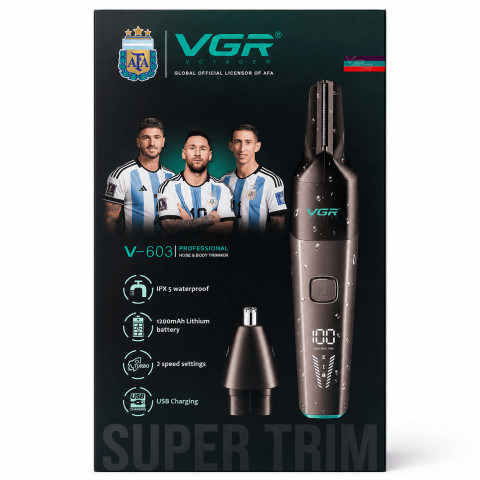 Тример VGR V-603 для носа та вух 2в1, акумуляторний, 2 насадки, Type-C, LED дисплей, IPX5