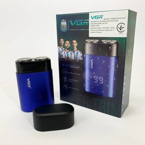 Електробритва VGR V-347 синя, роторна, 2 головки, LED-дисплей, IPX7, USB