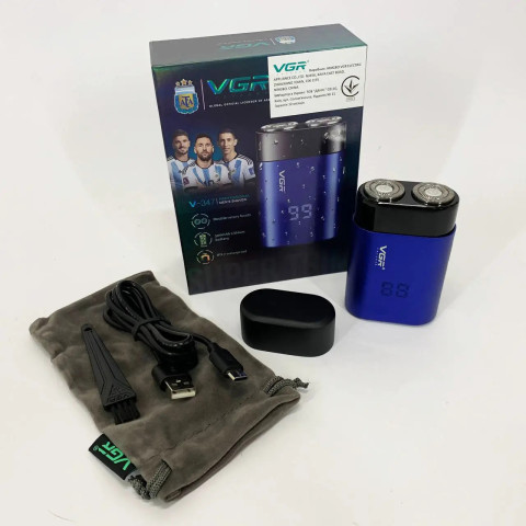 Електробритва VGR V-347 синя, роторна, 2 головки, LED-дисплей, IPX7, USB