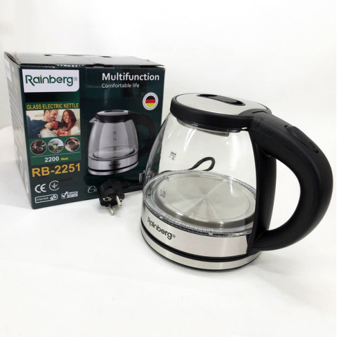 Електрочайник Rainberg RB-2251, скляний з LED-підсвічуванням, 1,2 л, 2200 Вт