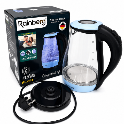 Електрочайник Rainberg RB-914, зі скляною колбою та прихованим нагрівачем, блакитний