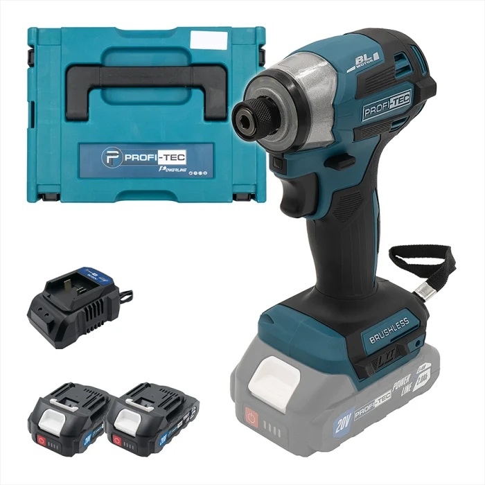 Акумуляторний імпульсний гвинтоверт PROFI-TEC PID1820BL (2×PT2020MP (2.0 Аг), зарядний пристрій, кейс: 180 Нм, 1/4″
