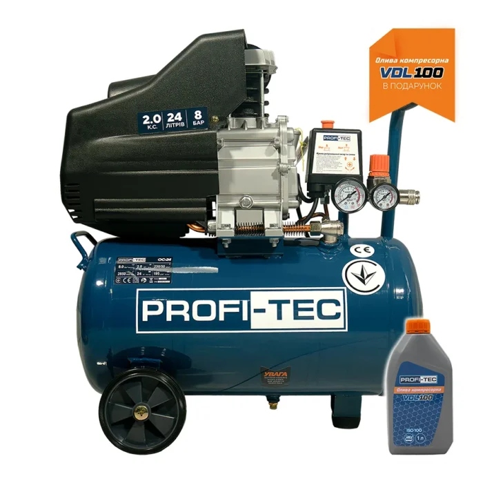 Компресор масляний PROFI-TEC OC-24 (24 л, 1.5 кВт, 195 л/хв): 24 л, 8 Бар, 195 л/хв