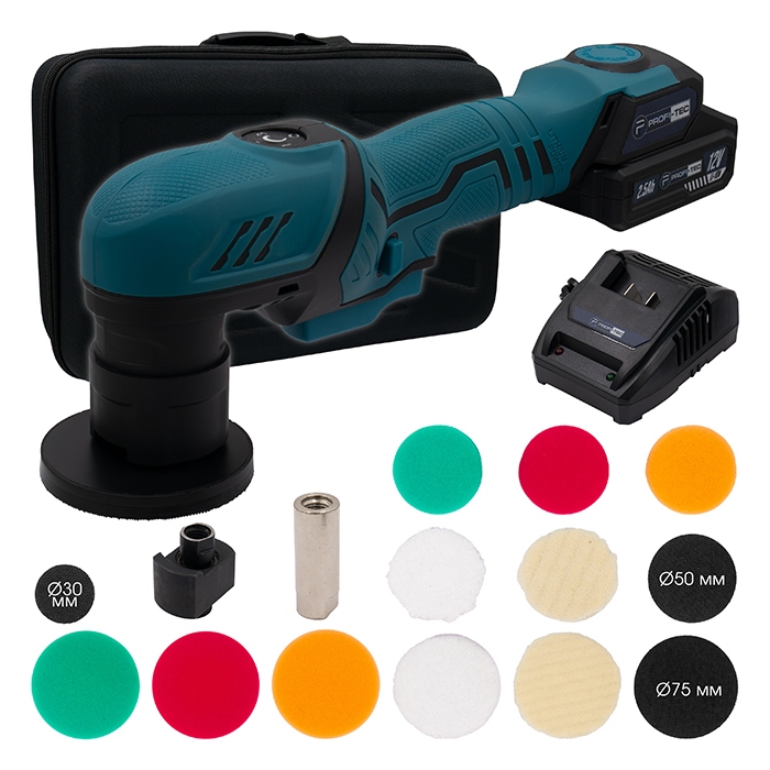 Акумуляторна ексцентрикова полірувальна машина PROFI-TEC PPM-8012SCP Set Professional (2×PT1225 (2.5 Аг), зарядний пристрій): 80 мм, 75 мм