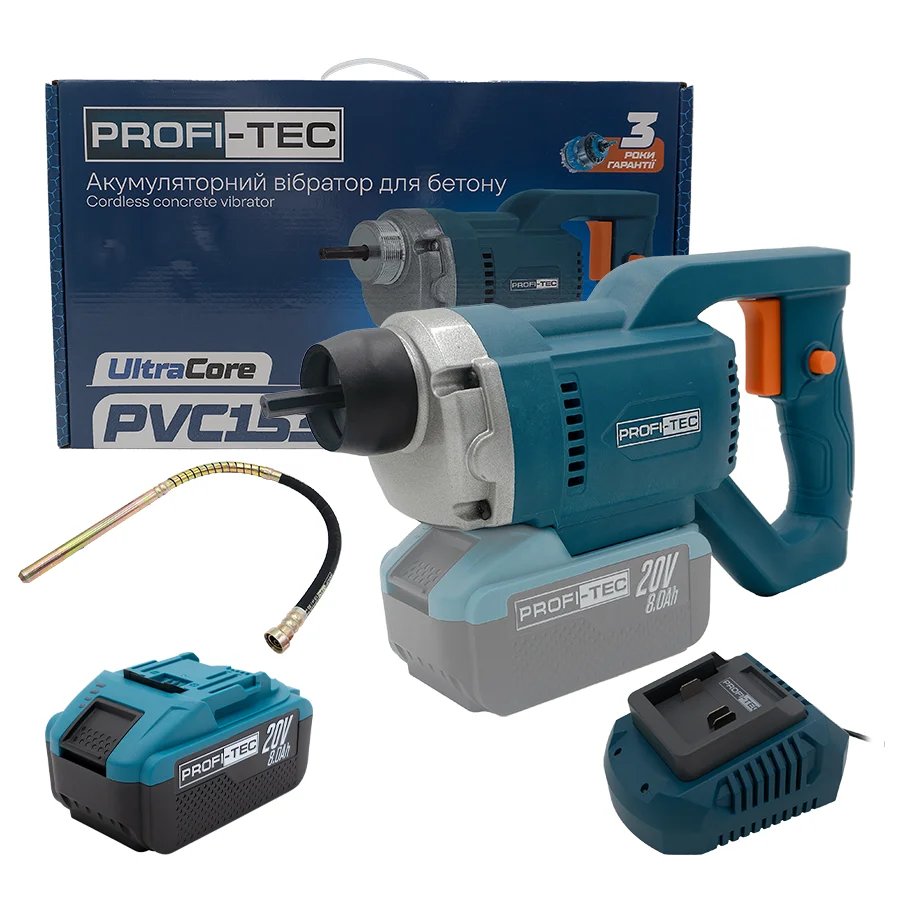 Акумуляторний вібратор для бетону PROFI-TEC PCV1535 (1×PT2080EP (8.0 Аг), зарядний пристрій): 1,5 м / 35 мм, 1650 – 4135 вібр/хв