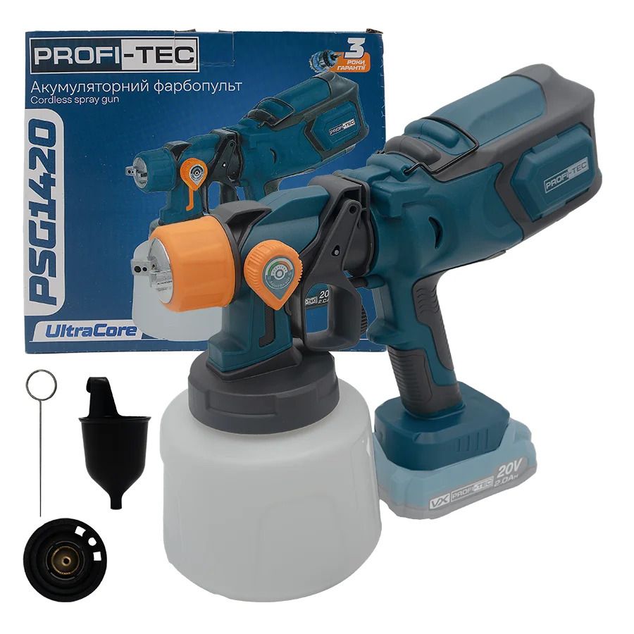 Акумуляторний фарбопульт PROFI-TEC PSG1420 (без акумулятора та зарядного пристрою): 1,4 л, 0,85 л/хв