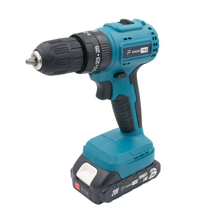 Акумуляторний шуруповерт PROFI-TEC PCD3520BL POWERLine (2×PT2020MP (2.0 Аг), зарядний пристрій): 20 В, 28 Нм, патрон 10 мм