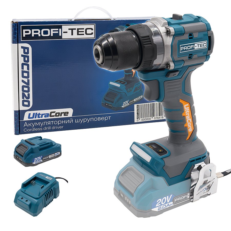 Акумуляторний дриль-шуруповерт PROFI-TEC PPCD7020 UltraCore (1×PT2020VX (2.0 Аг), зарядний пристрій): 20 В, 70 Нм, патрон 13 мм