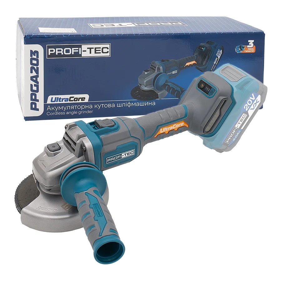 Акумуляторна кутова шліфувальна машина PROFI-TEC PPGA203 UltraCore (без акумулятора та зарядного пристрою): 125 мм, 4500 / 6500 / 9500 об/хв