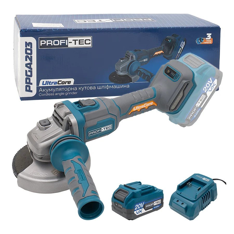 Акумуляторна кутова шліфувальна машина PROFI-TEC PPGA203 UltraCore (1×PT2040VX (4.0 Аг), зарядний пристрій): 125 мм, 4500 / 6500 / 9500 об/хв