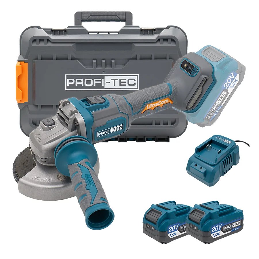 Акумуляторна кутова шліфувальна машина PROFI-TEC PPGA203 UltraCore (2×PT2040VX (4.0 Аг), зарядний пристрій): 125 мм, 4500 / 6500 / 9500 об/хв